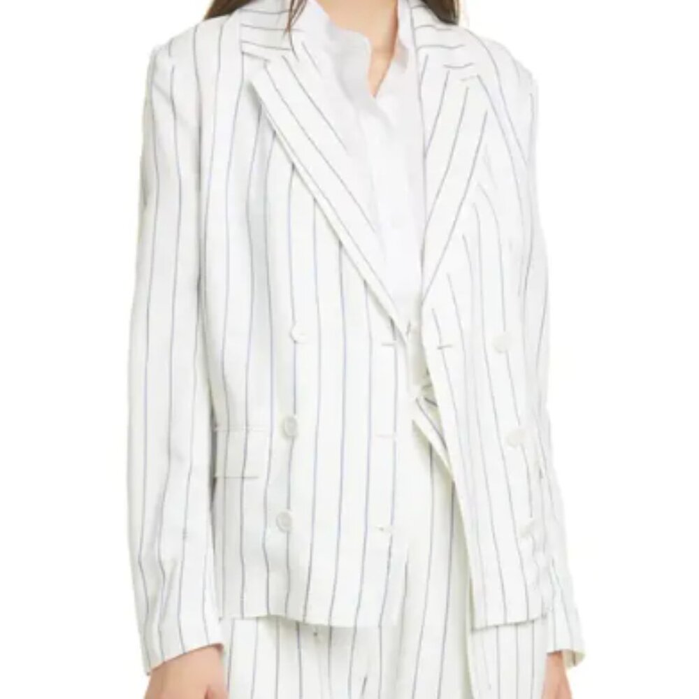 Equipment Gael Double Breasted Stripe Print Blazer white with Blue strips
